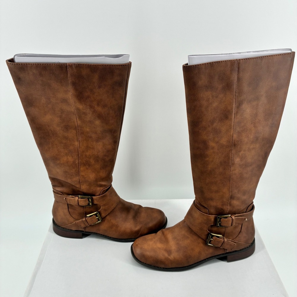 Womens Cognac Brown Faux Leather Tall Riding Boots Buckle Detail Size 8.5